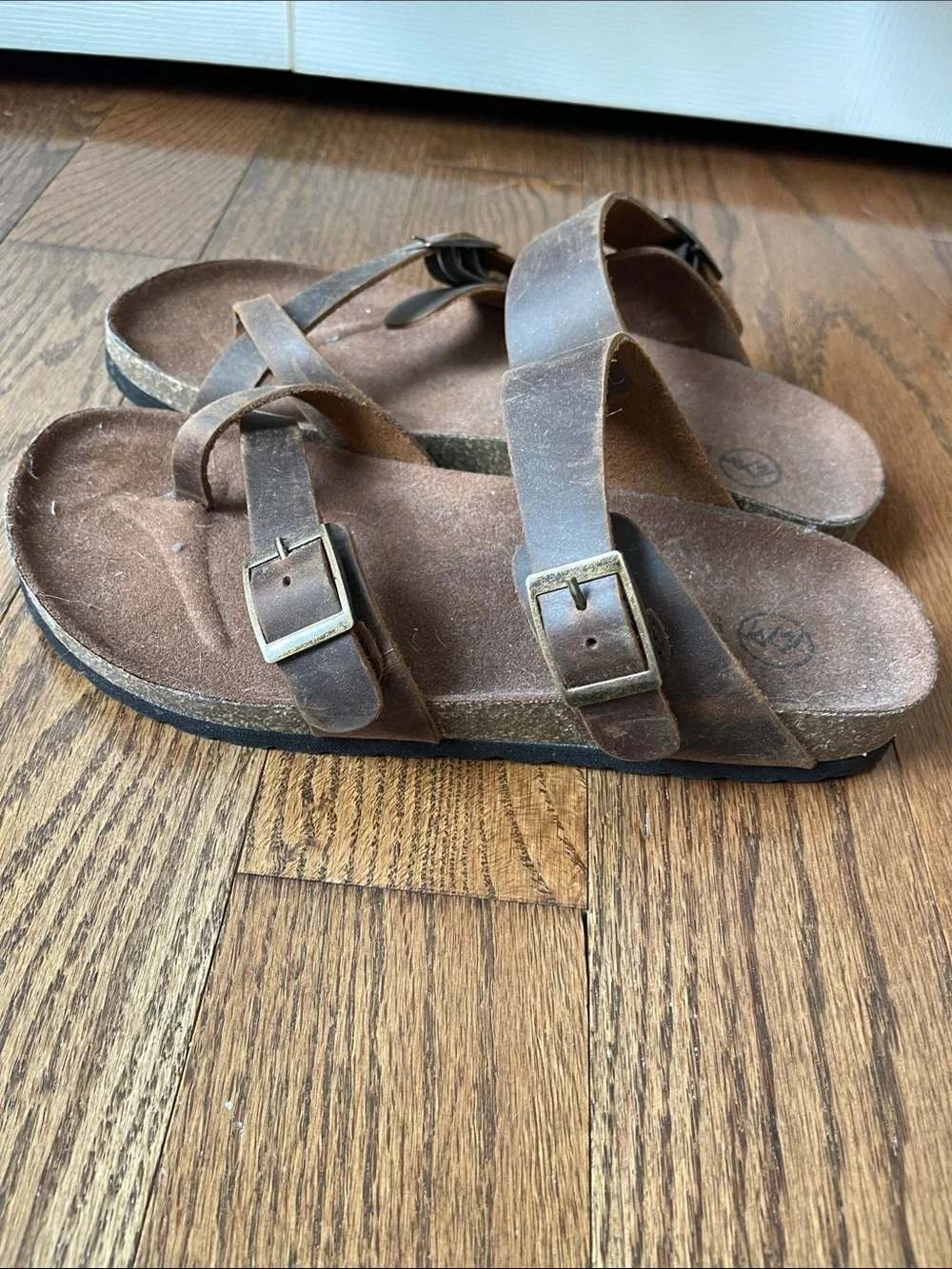 White Mountain Brown Leather Double-Strap Buckle Sandals